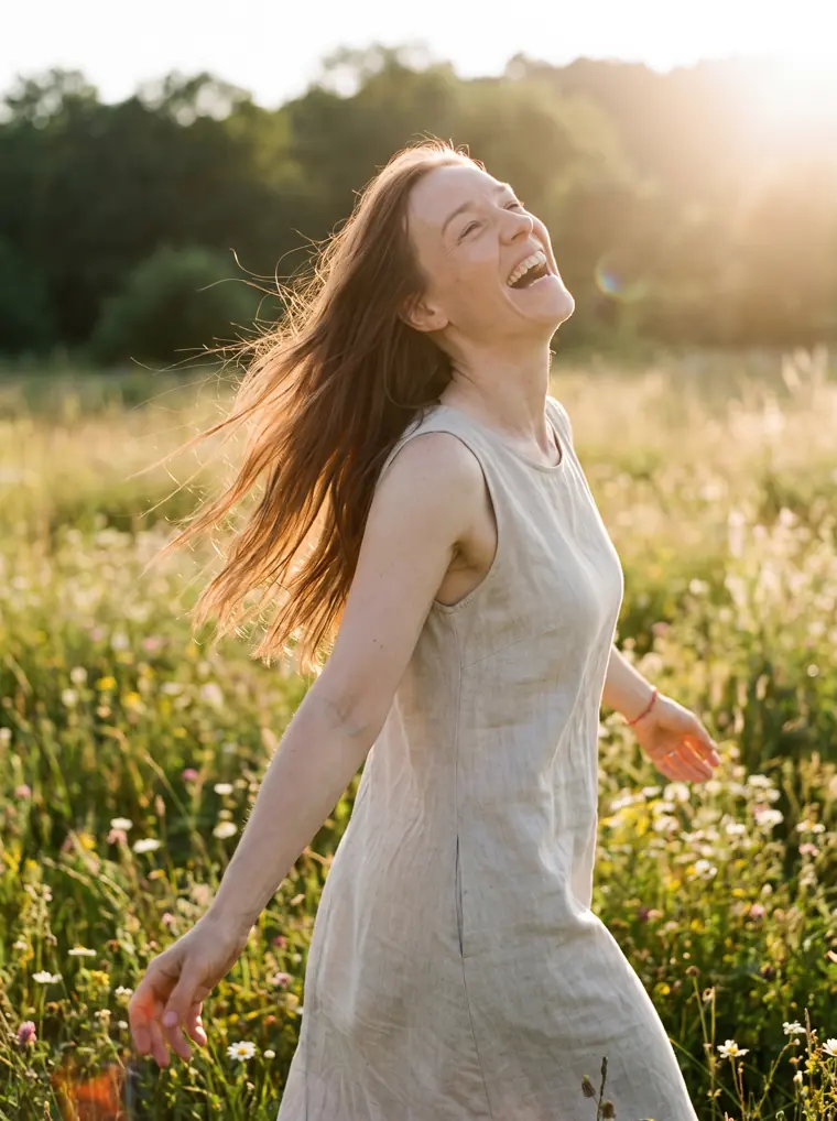 Julia lachend in einer Sommerwiese