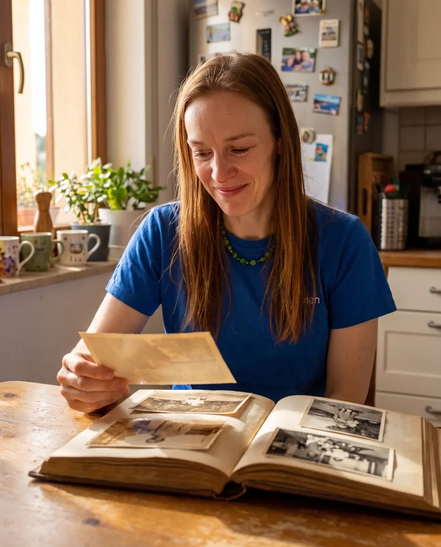 Julia mit einem alten Familienalbum