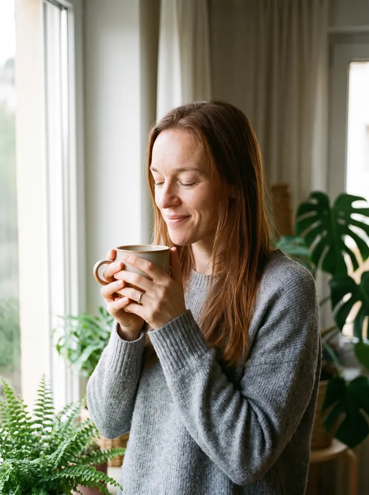 Julia mit einer Tasse Tee am Fenster