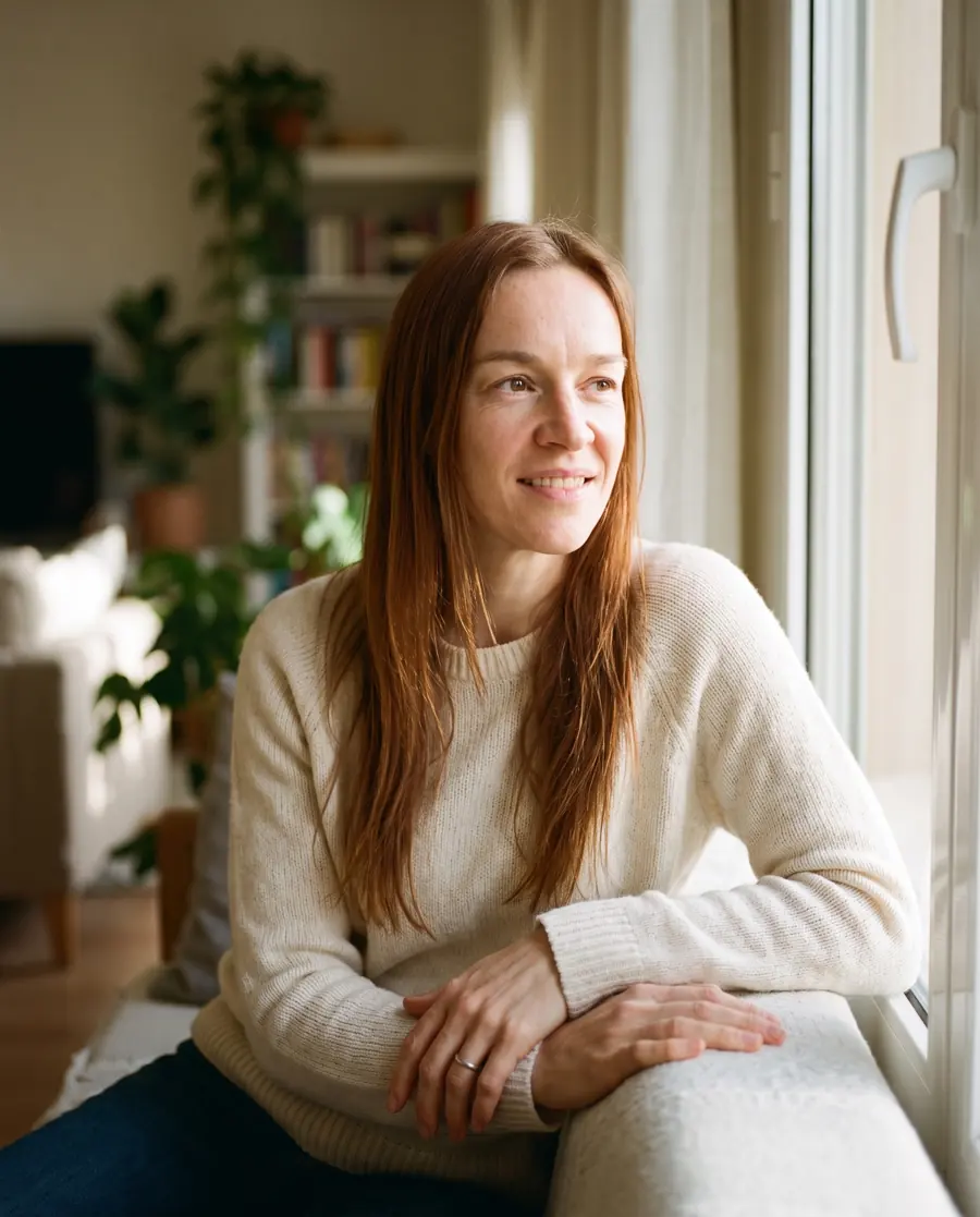 Julia in einem ruhigen Moment zuhause am Fenster