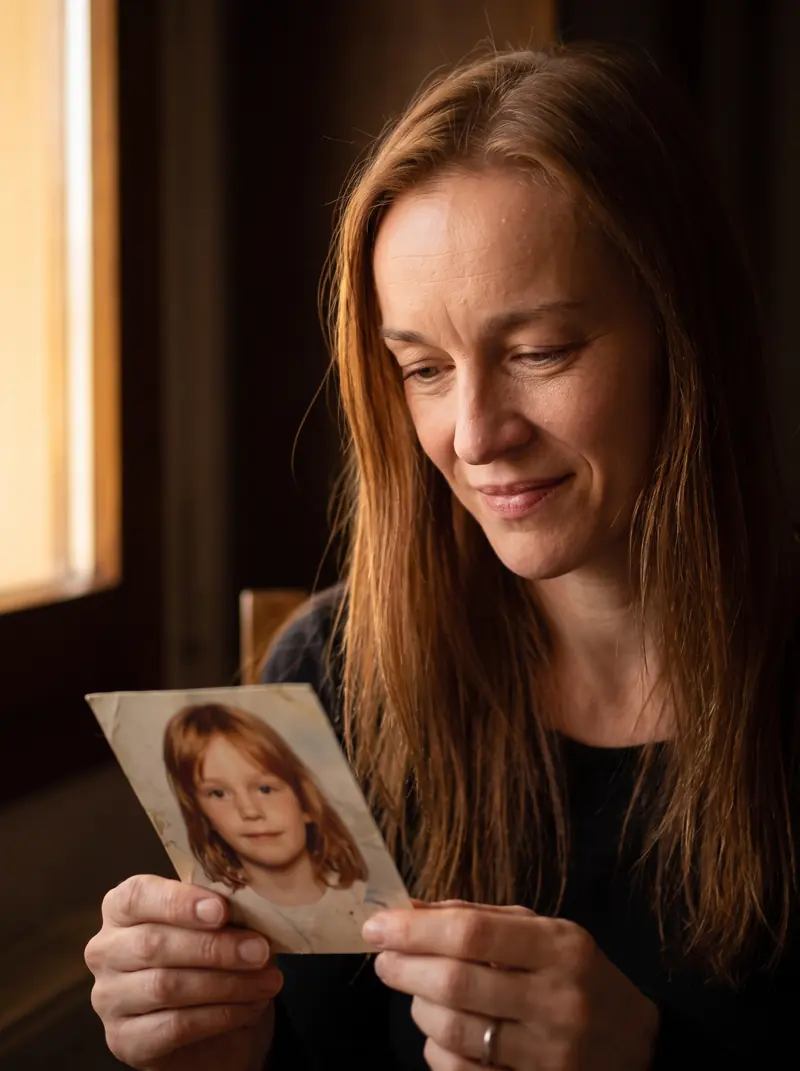 Julia betrachtet ein Kinderfoto von sich